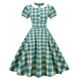 Zingj Green Plaid Print 50s Vintage Dress Women Summer Autumn Short Sleeve Evening Prom Gown Elegant Party Midi A Line Dresses