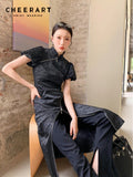 kamames Vintage Black Cheongsam Qipao Dress Women Summer Short Sleeve Zipper Puff Sleeve Bodycon Long Dress Designer Clothing