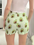 Adorable Cartoon Avocado Print High-Waisted Frill Trim Pajama Bottoms - Soft Micro Elastic Polyester Knit Fabric, Comfy Casual Sleepwear & Loungewear for Women - All Seasons, Random Print Design