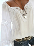 Plus Size V Neck Lace Stitching Blouse - Comfortable Slight Stretch Polyester Top with Contrast Lace Details - Perfect for Vacation and All-Season Wear