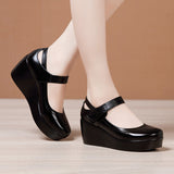 kamames Heel Slope Thick Soles Round Head Shallow Mouth Single Shoes Soft Soles Comfortable Leisure Middle-Aged Mother Shoes Large Size Small Leather Shoes
