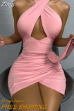 Zingj Cross Halter Neck Women Bodycon Dress Sexy Solid Color Sleeveless Pleated Ruched Mini Sheath Dress Party Backless Wear