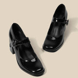 kamames And Autumn French Black Round-Headed Mary Jane Shoes Children's Thick-Heeled Single Shoes Waterproof Platform High-Heeled Shoes Buckle Women's Shoes
