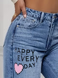 High Waist Heart Graffiti Jeans: Casual Wide-Leg Style, Ripped Denim for All Seasons