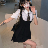 kamames Women Dress Sets Preppy Style Slim High Street Girl Sweet Ins Puff Sleeve Shirts Pleated Dresses Student Harajuku Ulzzang JK Hot