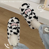 Women's Shoes Flocky Fur Cartoon Animal Dairy Cow Desgin Slippers for Woman Fluffy Upper Antislip House Flat Slide