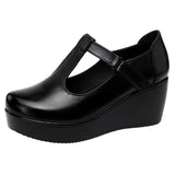 kamames Leather, Soft Soles, Round Head Muffins, Thick Soles, Waterproof Table Shoes, Women's Large Size Anti-Skid Comfortable Middle-Aged Slope Heel Mother Shoes