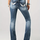 High-Waisted Wing Embroidered Distressed Jeans - Stretchy, Butt-Lifting, Faded, Ripped, Casual Denim Pants for Women - Comfortable, Fashionable, and Versatile Clothing