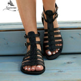 kamames Sgesvier Flat Sandals Ladies Summer Outdoor Fashion Leather Flat Shoes Peep Toe Slipper Buckle Strap Casual Rome sandals