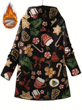 1pc Women'S Plus Size Christmas Printed Casual Style Hooded Parka Jacket with Zipper, Medium Stretch Knit Fabric, Fall/Winter Warm Fleece-Lined Coat with Pockets