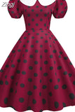 kamames Women Summer Dress Puff Short Sleeve Polka Dot Peter pan Collar Vintage A-line Midi Long Party Sundress Robe Femme