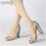 kamames Chunky High Heel Sandals One Word Buckle Sequins Round Toe Middle Heel Open Toe Women's Shoes Available in Size 43