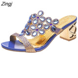 kamames Women Summer Fashion Rhinestone Slipper Sexy Hollow Out Chunky High Heels Sandals Crystal Party Shoes Woman Flip Flops