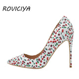 kamames Cherry Print Sexy Pumps 12 cm High Heels Woman Shoes Party Wedding Shoes Pointed Toe PU Leather White YG007 ROVICIYA