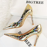 BIGTREE Shoes New Patent Leather Woman Pumps Metal Stone Pattern High Heels Designer Women Heels Stiletto Female Pumps Size 43