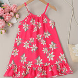 Adorable Floral Ruffle Hem Cami Dress for Girls - Loose Fit, Non-Stretch Polyester, Machine Washable, Perfect for Summer Party, Beach Vacation, and Outdoor Play - Woven, No Sheer, Easy Care