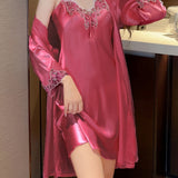 Luxurious Womens Satin Pajama Set - Soft Solid Satin, Elegant Applique, Long Sleeve, Robe, V Neck Backless Slip Dress, Ultra-Comfortable Relaxed Fit for Women - Perfect for Lounging and Sleeping