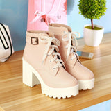kamames Autumn Fashion Women Boots Square High Heels Platform Buckle Lace Up Pu Short Booties Winter Ladies Shoes 2021 White