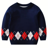 Cozy Boys' Argyle Plaid Sweater Pullover - Soft Round Neck Long Sleeve Stretch Warm Knit Top for Kids Outdoor Play - Classic Style Winter Clothing for Boys