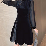 kamames Style Dresses Women Black Sequined Velvet Mesh Vintage Mandarin Collar Club Party Vestido Feminino Oriental Elegant Chic