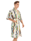 Men's Comfy Plant Colorful Striped Robe With Pockets, Home Pajamas Wear One-piece Lace Up Night-robe Loungewear Sets