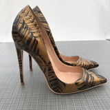 kamames Color Bronze Feather Leaf Printed Toe 12cm High-heeled Shoes 12 cm Sexy Night Club Wedding Party QP024 ROVICIYA