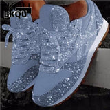 kamames Women Casual Glitter Shoes Mesh Flat Shoes Ladies Sequin Vulcanized Shoes Lace Up Sneakers Outdoor Sport Running Shoes