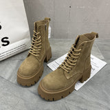 kamames Tied Ankle Boots for Women 2023 Autumn Winter New Eco-friendly Leather Round Toe Zip Platform Shoes Plus Size Women Heels