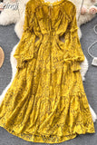 kamames Autumn Women Lace Midi Dress Vintage Round Neck Lantern Long Sleeve High Waist A-Line Elegant Party Robe New Fashion 2023