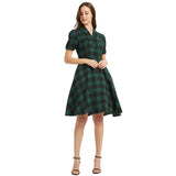 kamames Summer Green Plaid Hepburn Rockabilly Dress NO Belt England Style Office OL Chic 50s 60s Retro Vintage Casual Dresses