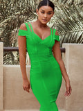 kamames Midi Bandage Dress for Women Elegant Off The Shoulder Bodycon Dresses 2022 Summer V-neck Sexy Evening Club Party Dress