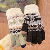 Plus Velvet Thickened Warm Gloves Winter Stretch Cute Deer Print Gloves Outdoor Cycling Touch Screen Coldproof Gloves Christmas Gift