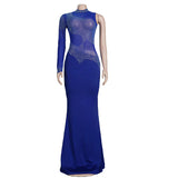 kamames Sexy Blue Mesh Crystal See Through Maxi Dress Women New One Sleeve Birthday Clubwear Bodycon Long Dress