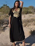 kamames Vintage Embroidery Kaftan Sexy V-neck Batwing Sleeve High Waist Maxi Dress Tunic Women Clothing Summer Beach Dresses Q660