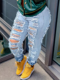 Street-Style Distressed Skinny Jeans - High-Waist, Stretch-Fit, Trendy Blue Denim for Casual Wear