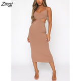 Zingj Summer Female Solid Color V-Neck Dress Sleeveless Hollow Out Package Hip Long Dress for Summer Black/Khaki/Orange/Blue