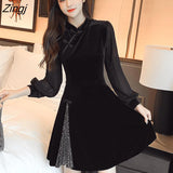 kamames Style Dresses Women Black Sequined Velvet Mesh Vintage Mandarin Collar Club Party Vestido Feminino Oriental Elegant Chic