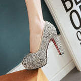 kamames New Style Sexy Sequined Platform Shoes Female Square High Heels Pumps Slip On Party Wedding Shoes Women