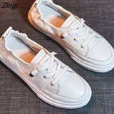 kamames Women White Flats Pu Soft Leather Sneakers Canvas Loafers Comfort Lace Up Casual Spring Woman Vulcanized Shoes Summer Mocassins