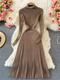 kamames Women Pleated Knitted Dress Turtleneck Long Sleeve Elastic Slim Pencil Dress Autumn Winter Sexy Bodycon Sweater Dress