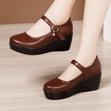kamames Spring And Autumn Middle Heel Slope Single Shoes Women's Muffin Thick Bottom Waterproof Platform One Word Buckle Shallow Mouth Flat Sole High Heel Mother's Shoes