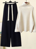 kamames Winter Warm Knitted Suit Women Long Sleeve Half Turtleneck Knitting Sweater And Wide Leg Pants Sets Outer Wear Loose Set