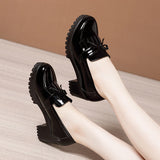 kamames And Autumn Lace-Up Small Leather Shoes Yinglun Style Thick Heels New Style Medium Heels Casual Large Size 40-43 Women's Shoes