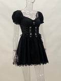 kamames Cross Print Strap Shoulder Lace Spliced Dress Dark Sexy Slim Princess Dress