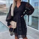 Zingj Hollow Out Long Sleeved Waist Office Dress New Spring Lace Patchwork Dress Chic Women O-neck Pearl Button Solid Mini Dress