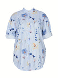 Plus Size Floral Delight - Womens Casual Button Up Blouse with Roll Up Long Sleeves, Mock Neck Tunic & Handy Pockets