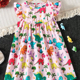 Girls Adorable Dino Graphic Flutter Sleeve Dress - Perfect for Summer Parties & Outdoor Fun - A Delightful Gift Option