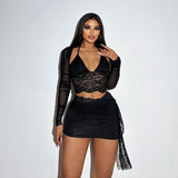 kamames Autumn New Fashion Temperament Sexy Deep V Slim Lace Spliced Net Long-Sleeved Dress Woman