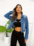 Women's Casual Long Sleeve Blue Denim Jacket - Vintage Style with Flap Pockets, Solid Color, Easy-Care for Spring/Fall