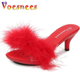 kamames Solid Color Feather Fairy Slippers Summer Transparent Sandals Thin High Heels Sexy Fur Crystal 6cm Low Heel Derss Women Shoes